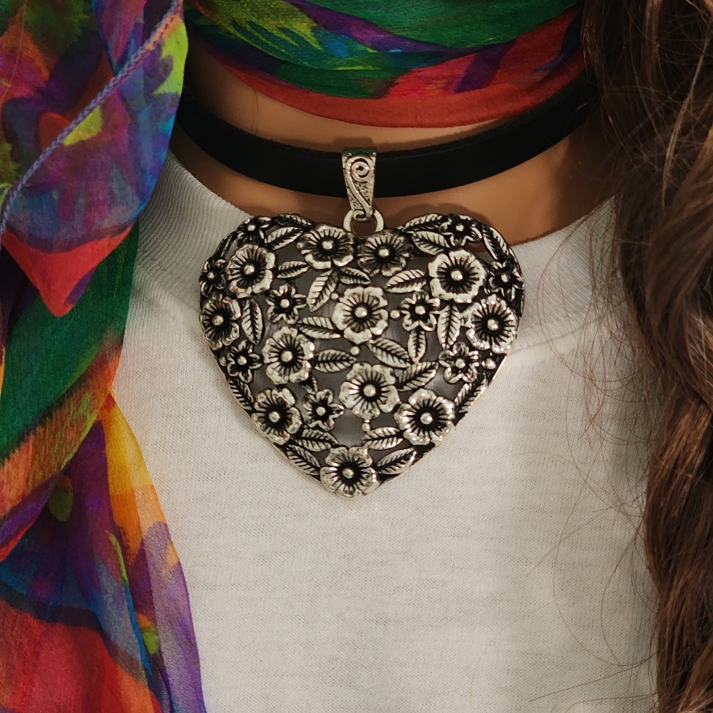 Lrge Silver Heart Pendant Boho Genuine Black Leather Floral Filigree - Picture 5 of 12